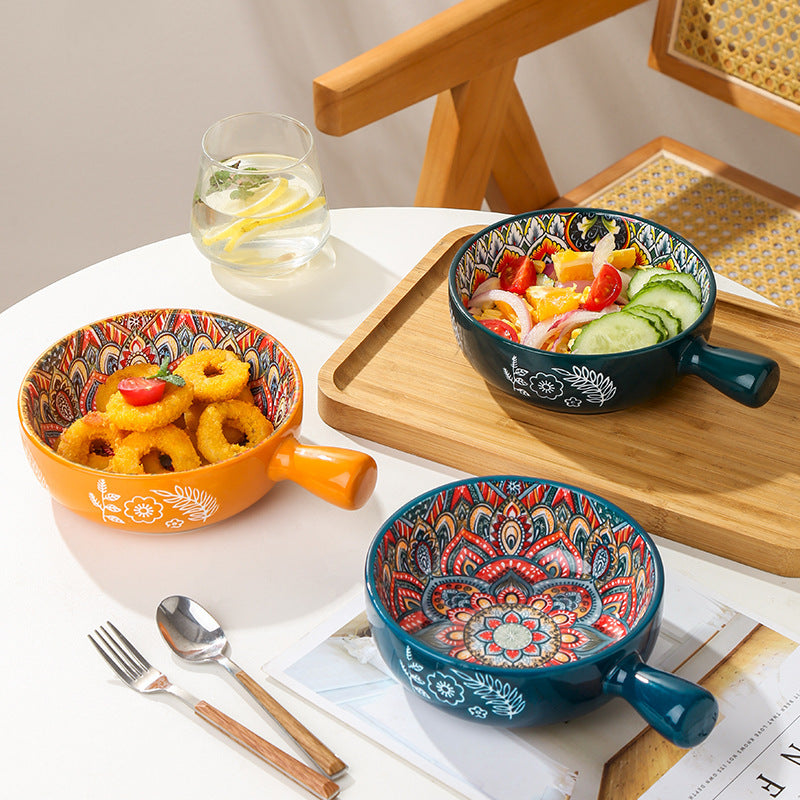Glazed Ceramic Bowl with Floral Handle – Artful Utility in Every Detail