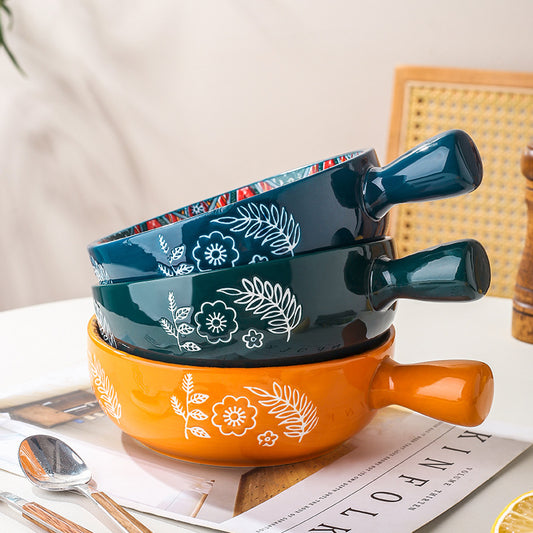Glazed Ceramic Bowl with Floral Handle – Artful Utility in Every Detail