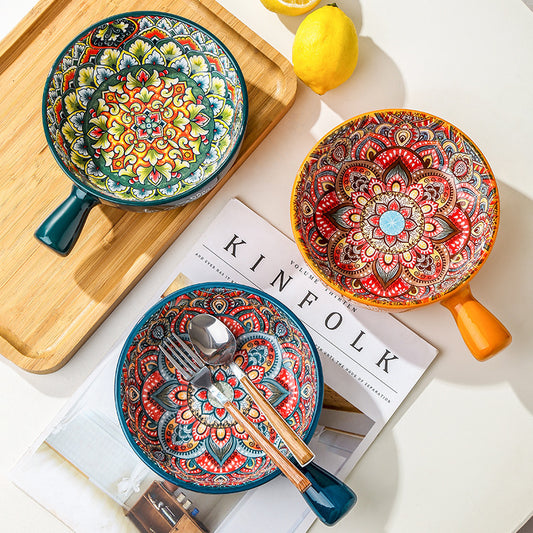 Glazed Ceramic Bowl with Floral Handle – Artful Utility in Every Detail