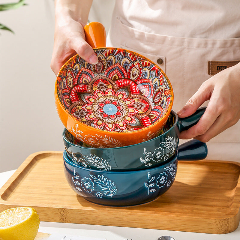 Glazed Ceramic Bowl with Floral Handle – Artful Utility in Every Detail