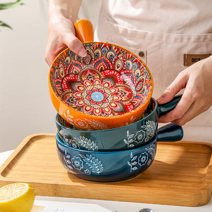Glazed Ceramic Bowl with Floral Handle – Artful Utility in Every Detail